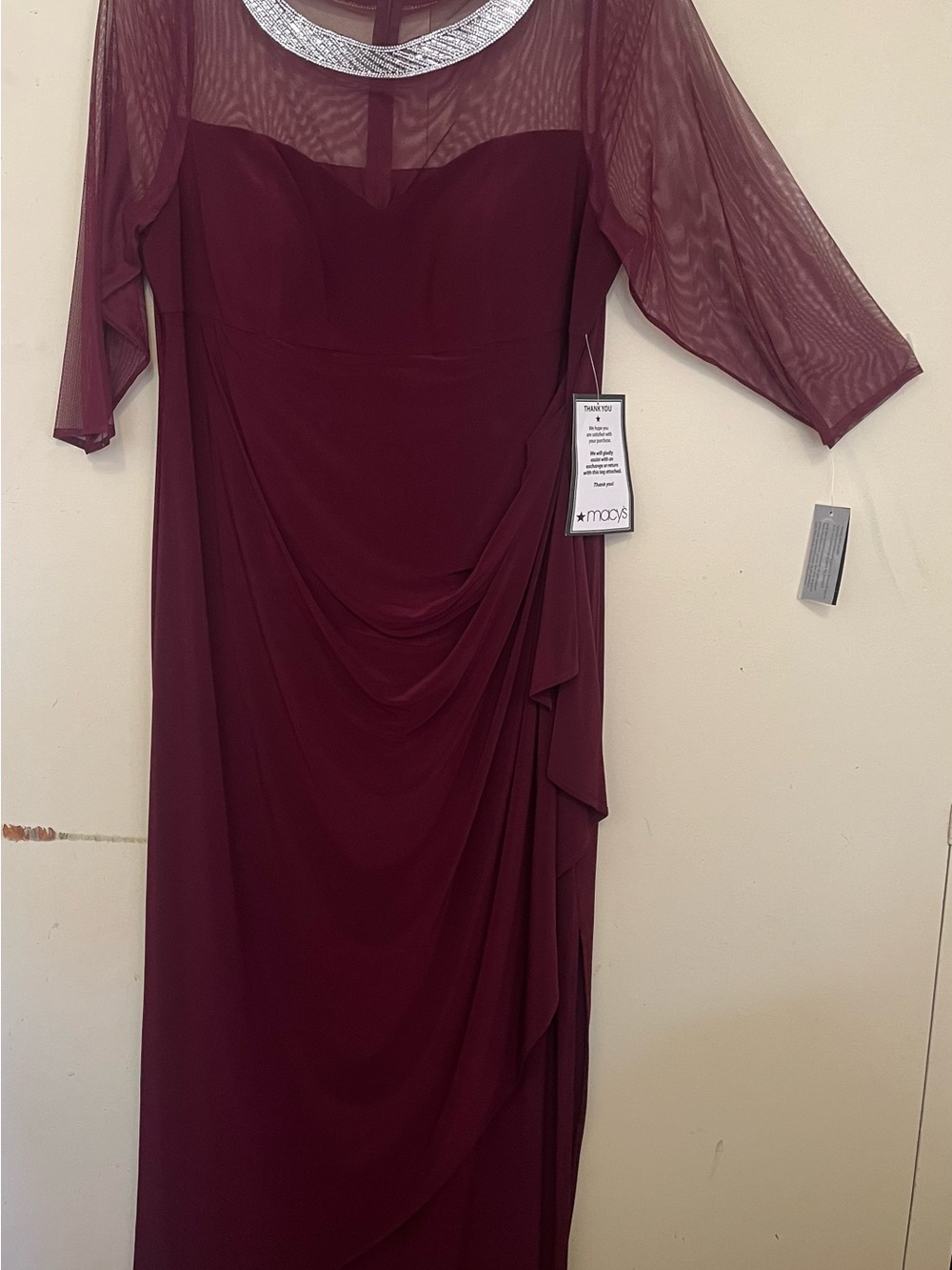 Alex Evenings Burgundy Long Sleeve Sheer Yoke Evening Gown